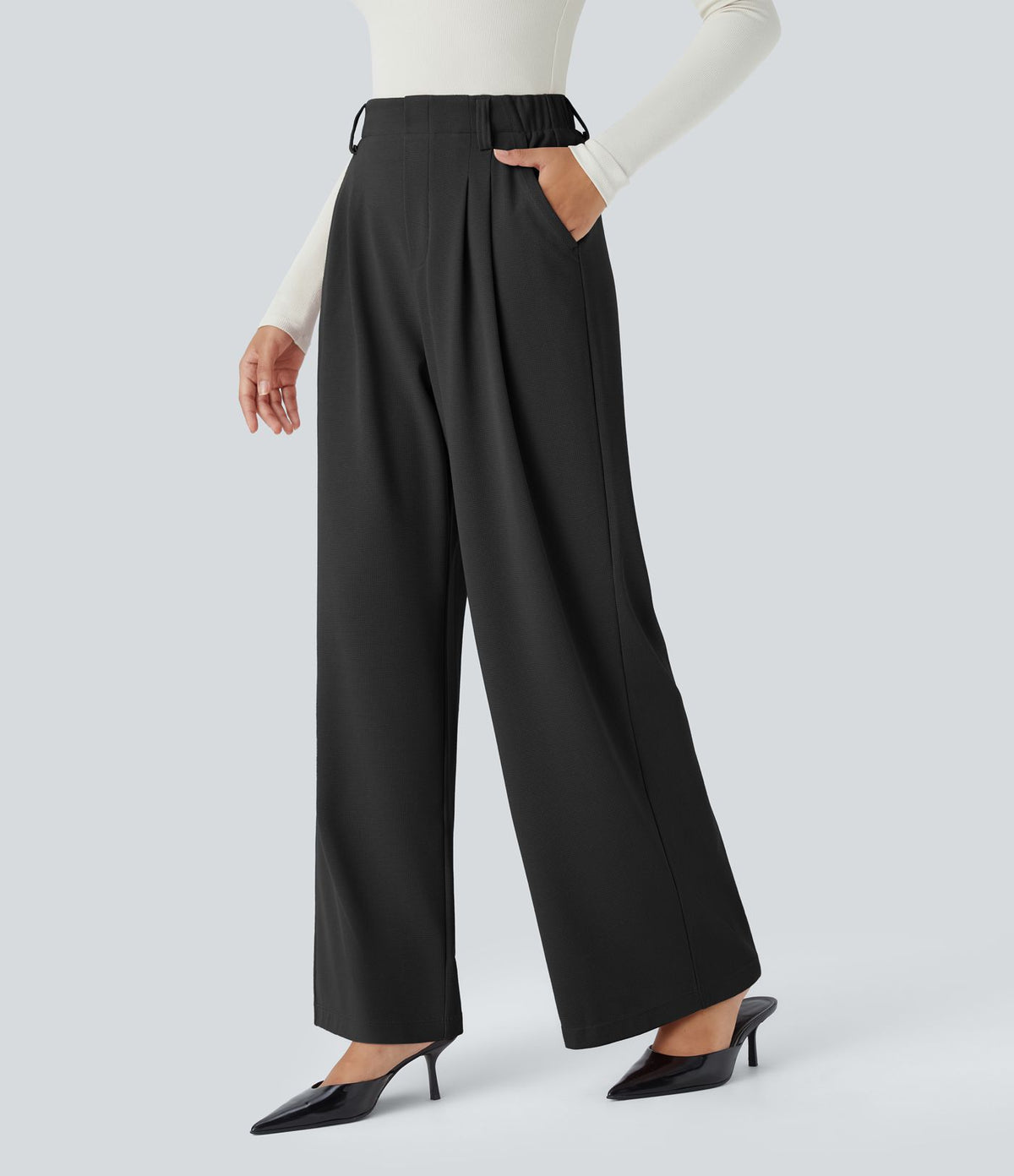 Halara Flex™ Pantalon Tailleur en tissu gaufré à taille haute, jambes larges, plis et poches latérales