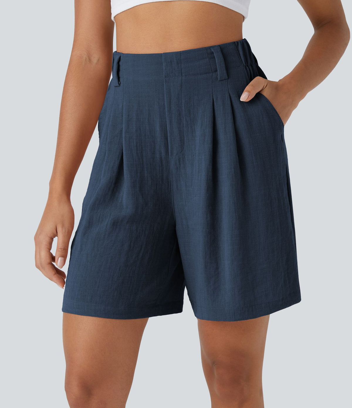 Bermuda Large Fluide Taille Haute avec Plis et Poches Latérales en Lin Synthétique