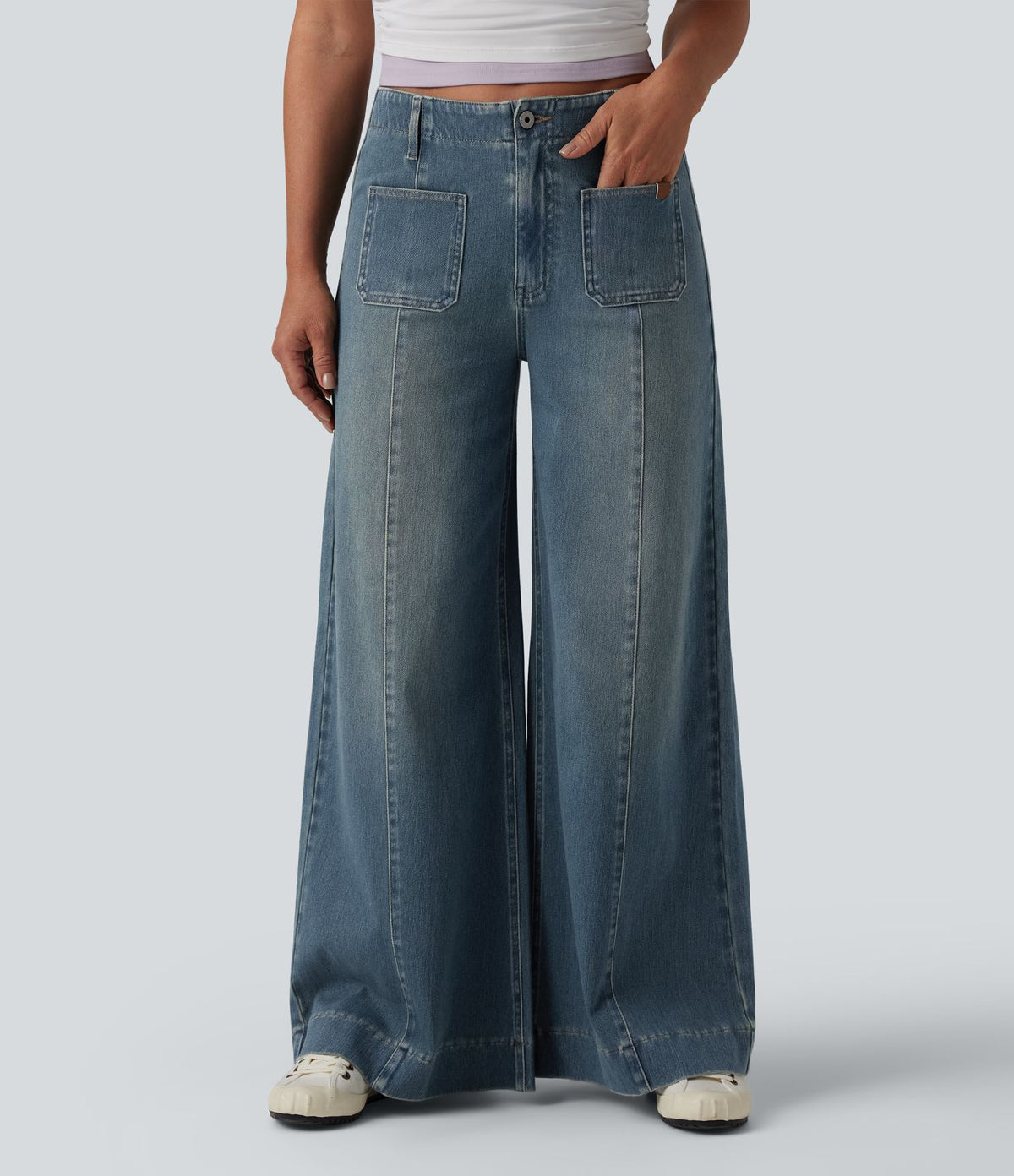 Halara Flex™ Jean large Palazzo et Taille Haute avec Poches Avant en Tricot Extensible Lavé