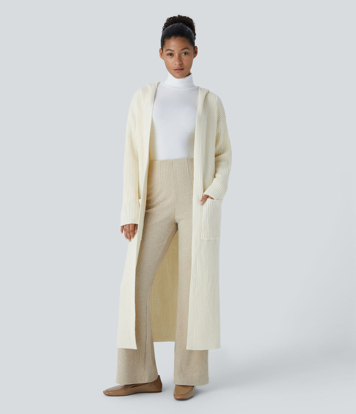 Cardigan long casual à capuche, manches longues et poches