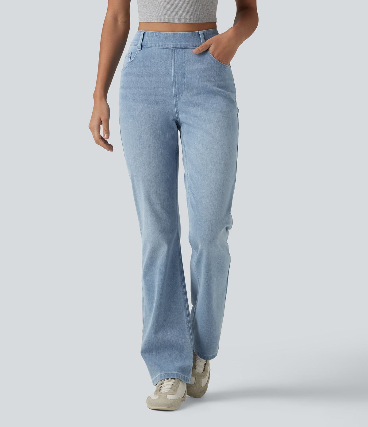 Halara Flex™ Jeans bootcut Casual Taille Haute Multiples Poches Lavés Élastiques et Tricotés Coupe
