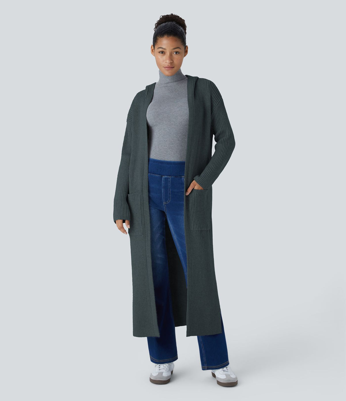 Cardigan long casual à capuche, manches longues et poches