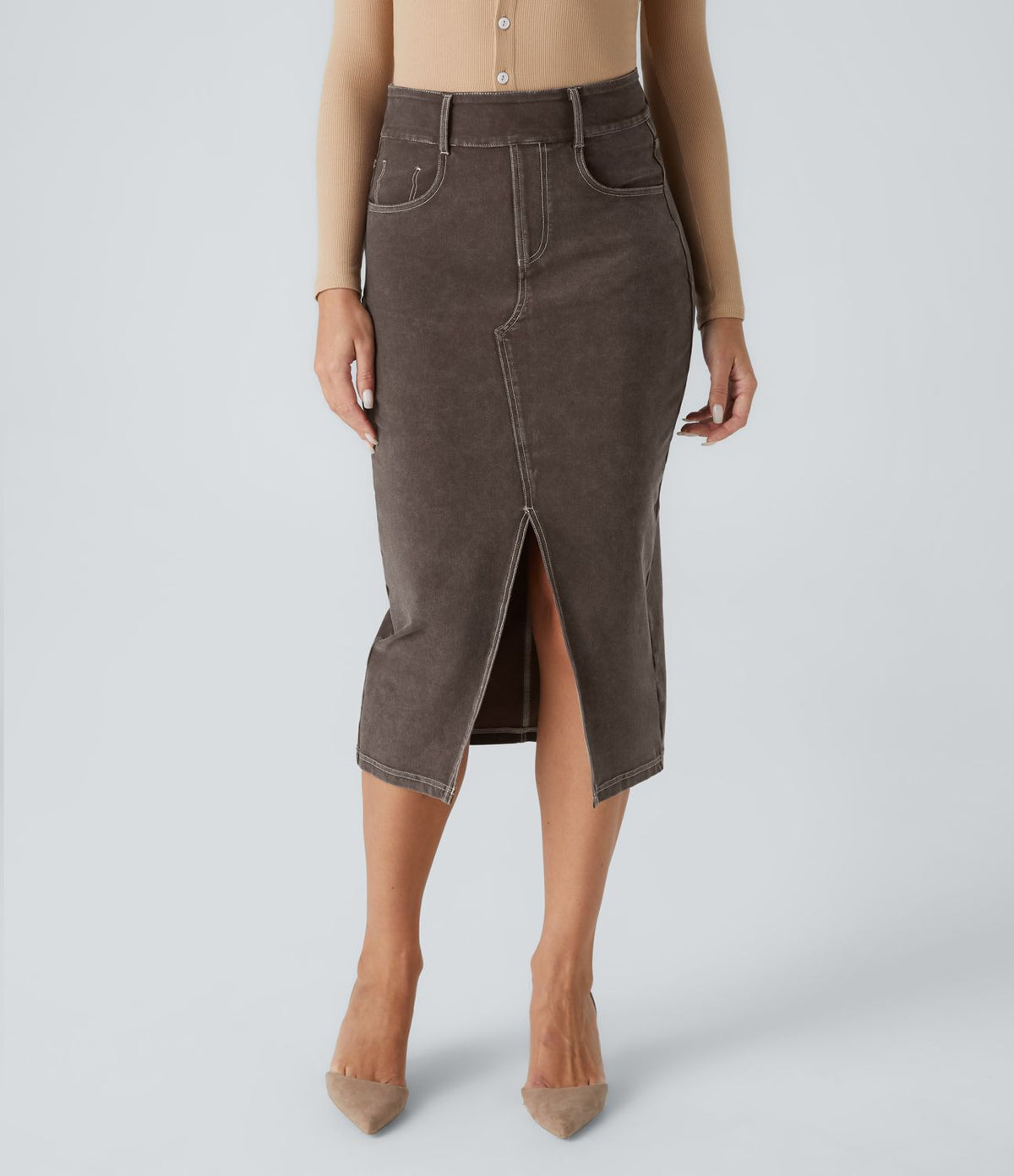 Halara Flex™ Jupe Mi-longue Casual En Denim Extensible Coloré A Poches Multiples Taille Haute
