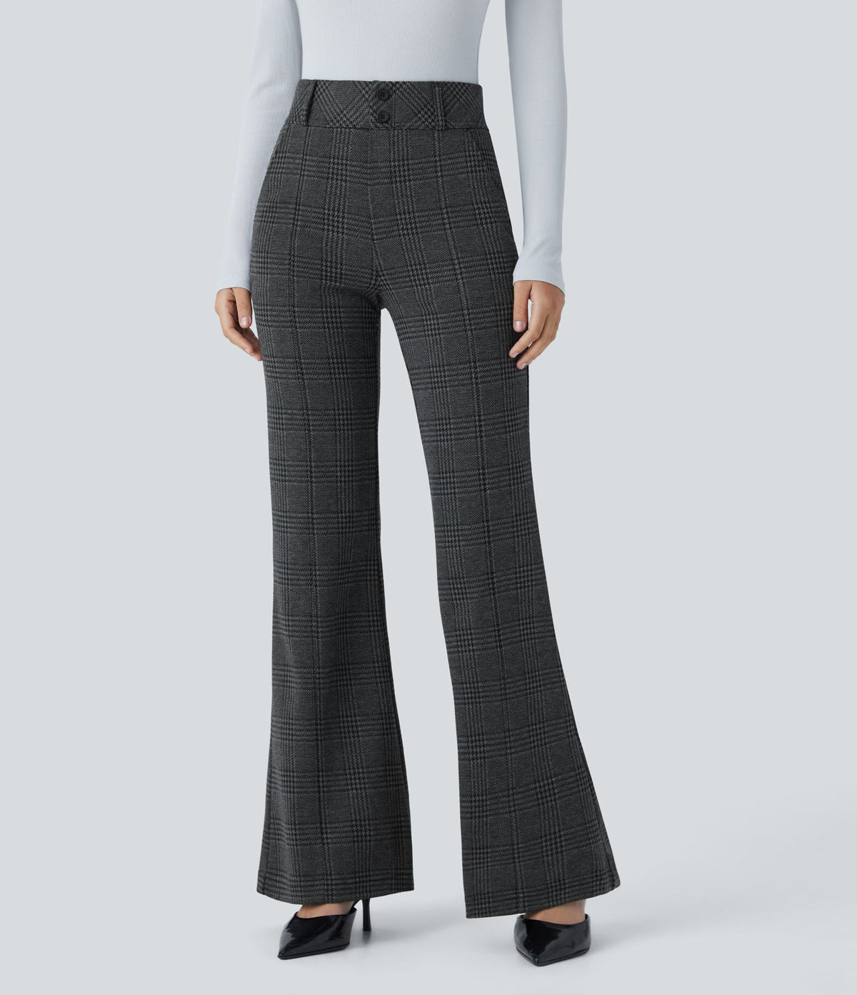 Halara Flex™ Pantalon tailleur évasé à carreaux pied-de-poule, taille haute avec boutons décoratifs et poches latérales