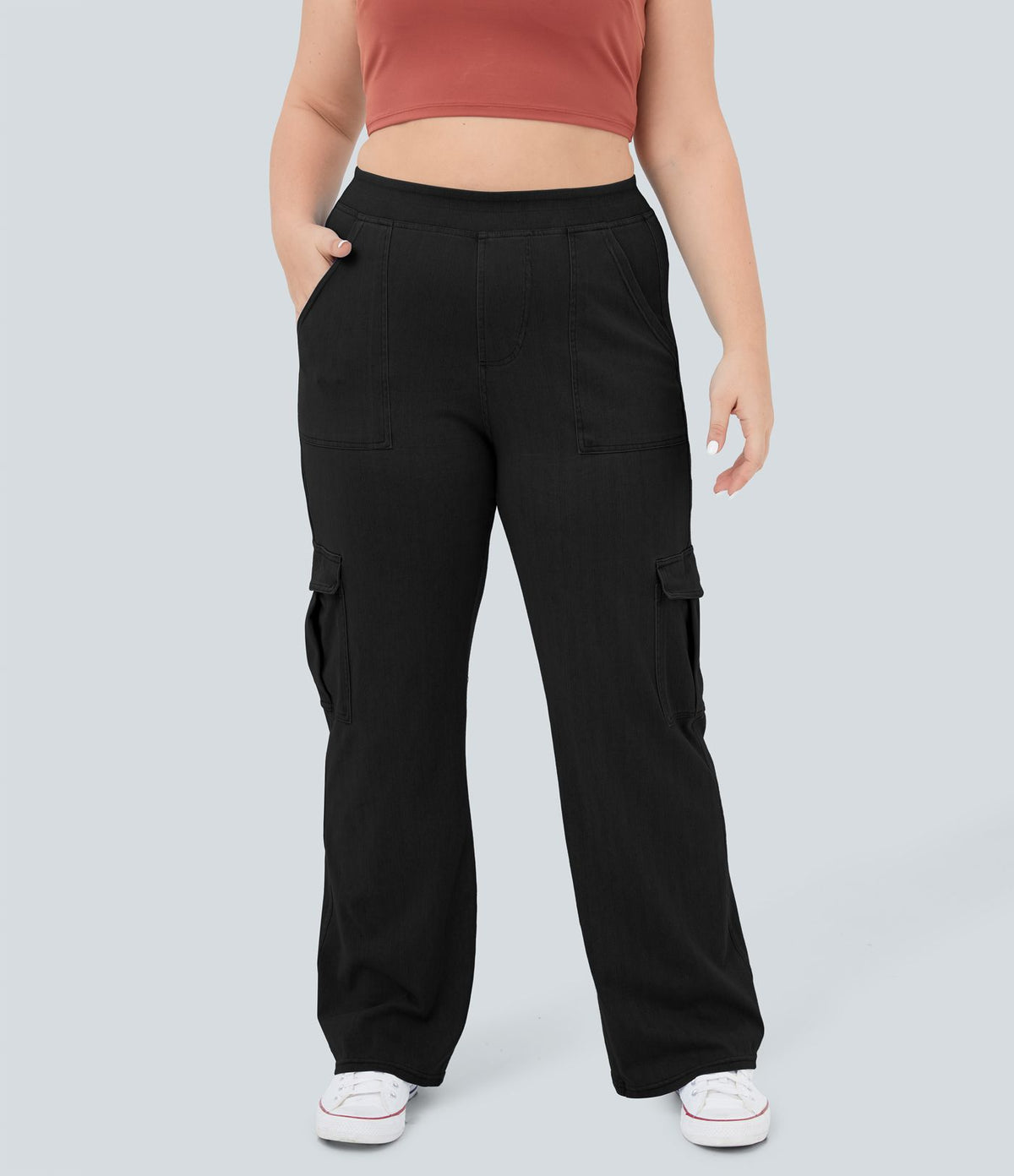 Halara Flex™ Jean Droite Cargo Taille Mi-Haute Multiples Poches Décontracté Extensible Droite Grande Taille