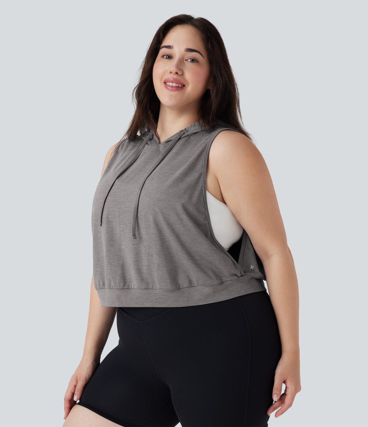 Débardeur de course grande taille crop top à capuche sans manches avec cordon de serrage