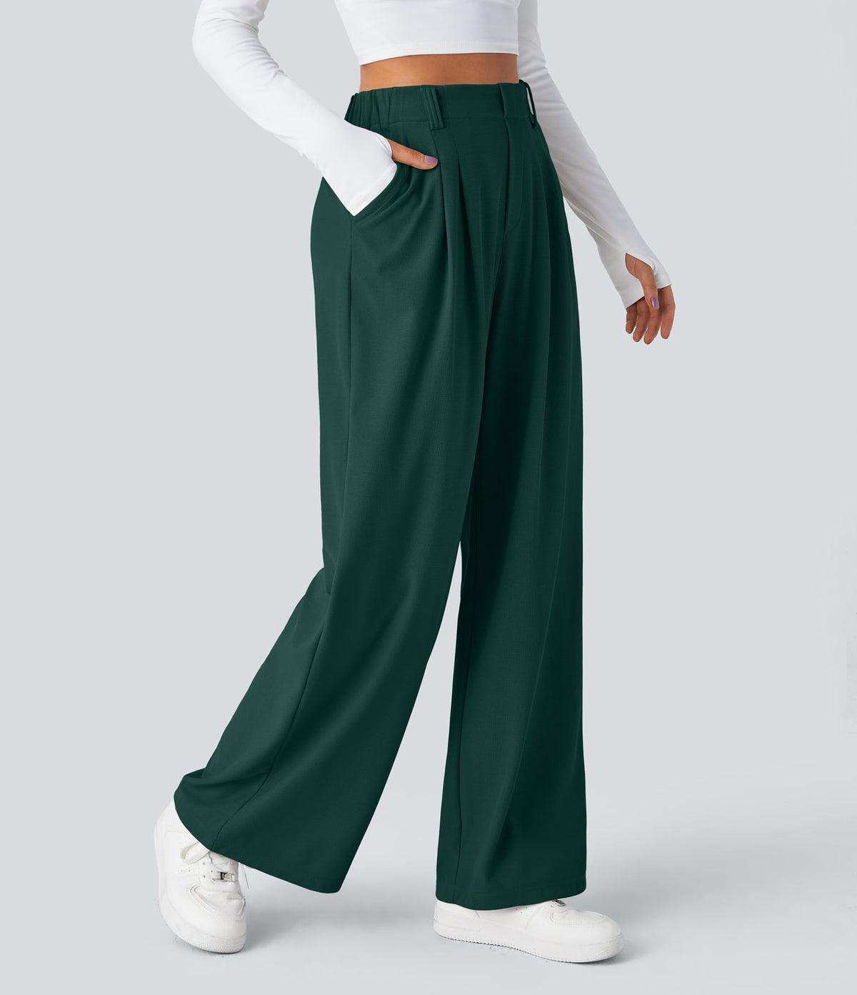 Halara Flex™ Pantalon Tailleur Large Fluide Gaufré Taille Haute Poches Latérales