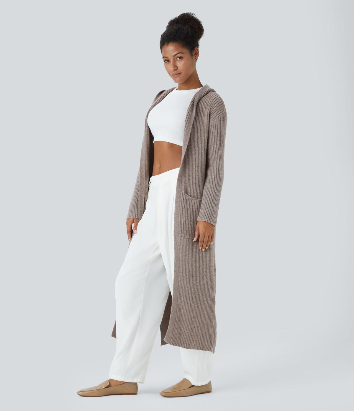 Cardigan long casual à capuche, manches longues et poches