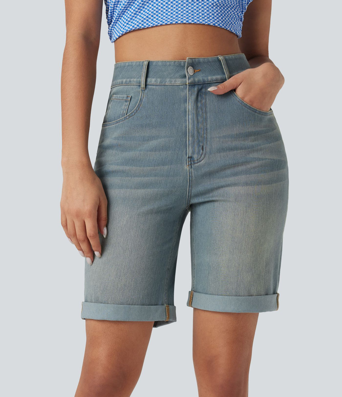 Bermuda décontracté en jean extensible délavé Halara Flex™ taille haute avec revers et multiples poches
