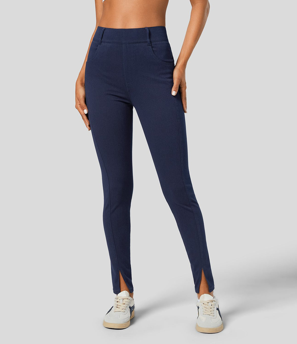 Halara Flex™ Legging Casual en Denim Extensible à Taille Haute avec Poches Latérales et Fentes