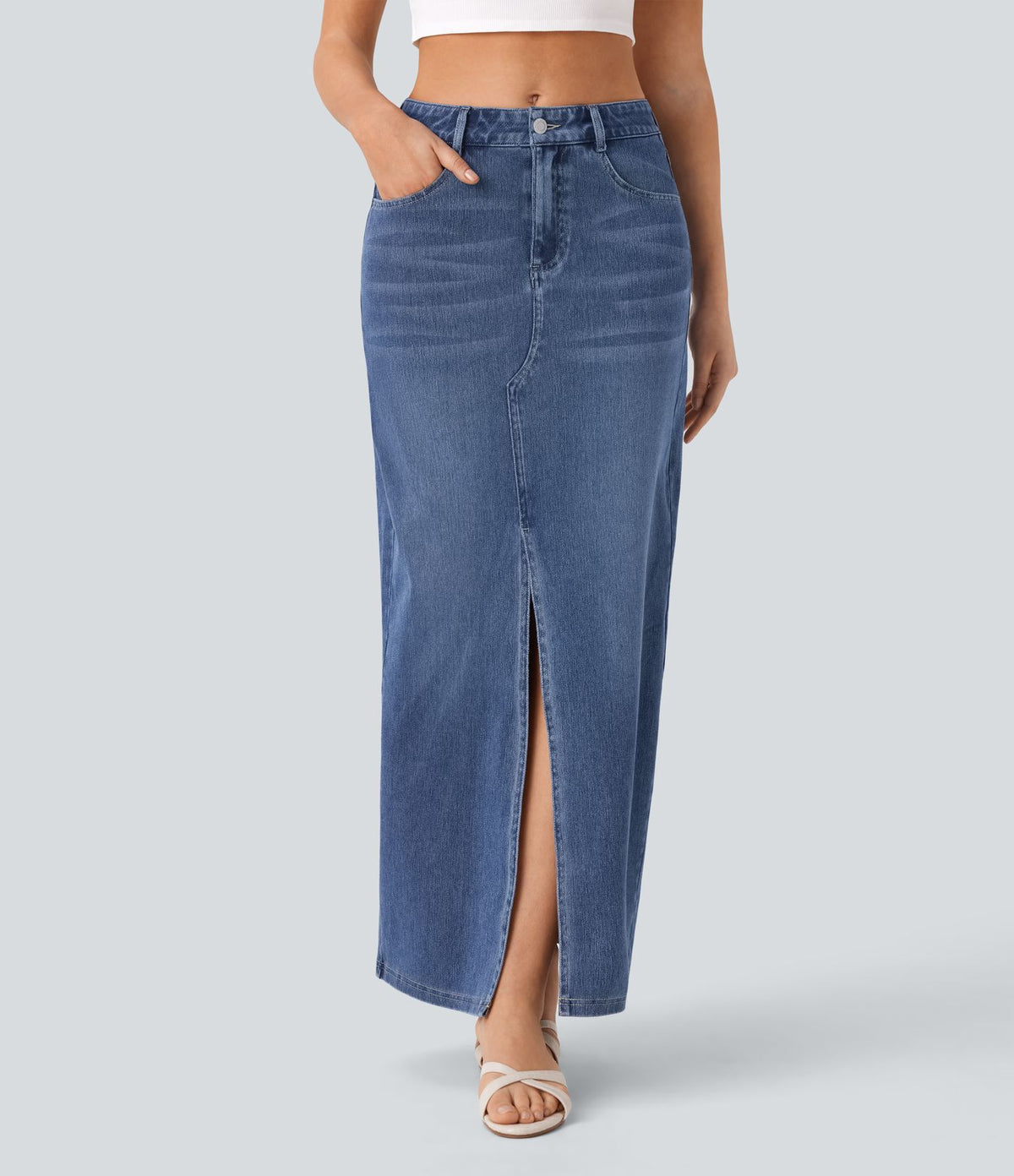 Halara Flex™ Jupe en Jean longue décontractée extensible délavé taille moyenne avec fente et multiples poches