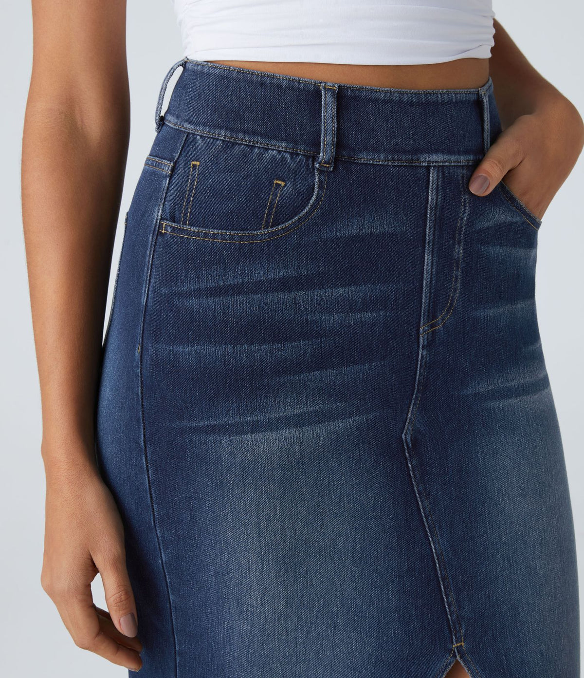 Halara Flex™ Jupe en Jean Casual Mi-Longue Délavé Extensible Plusieurs Poches Taille Haute