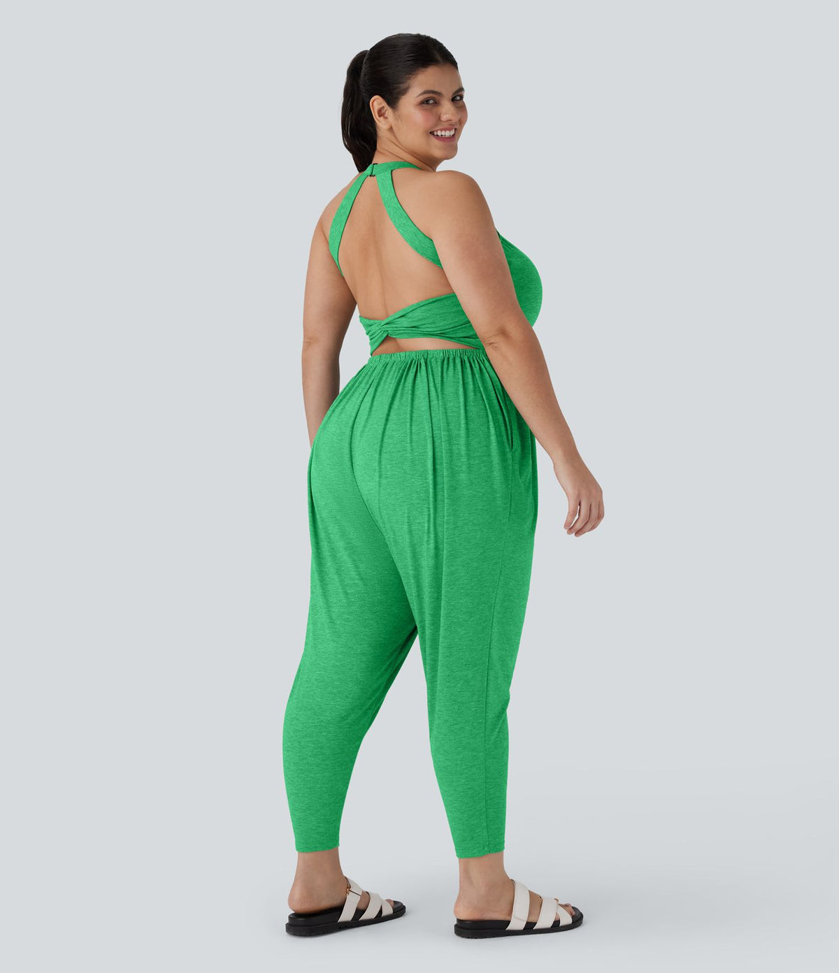 Combinaison sarouel dos nu torsadée grande taille avec poche latérale - Édition facile à enfiler