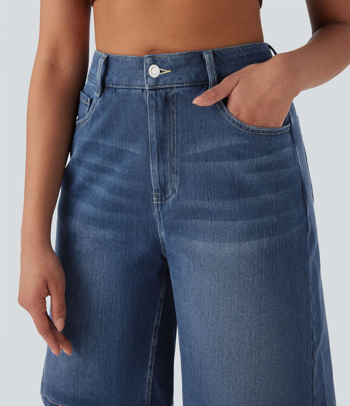 Bermuda en jean délavé Halara Flex™ taille haute à poches multiples