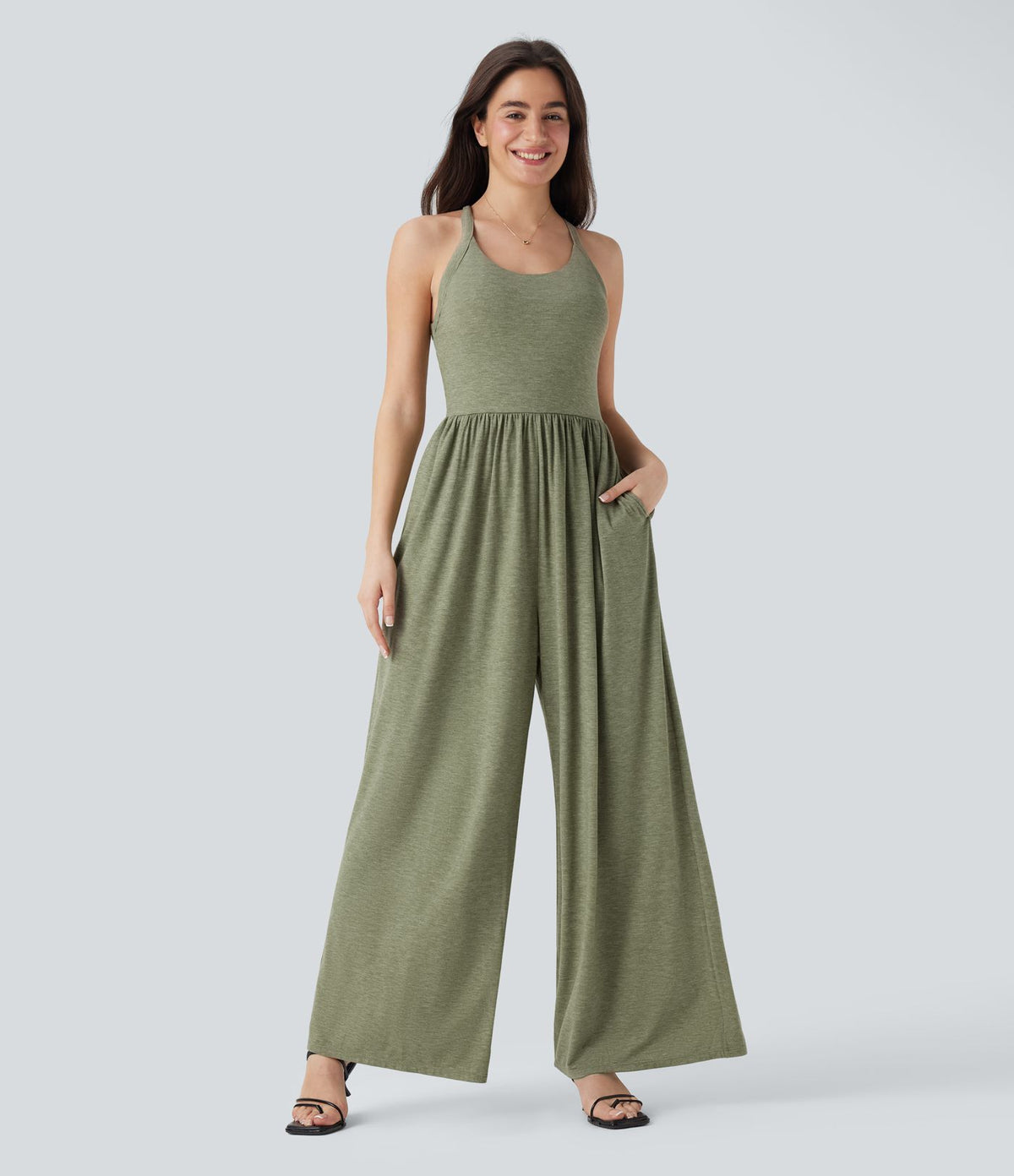Combinaison décontractée dos nu torsadée large fluide avec brassière intégrée et poches - Easy Peasy Edition