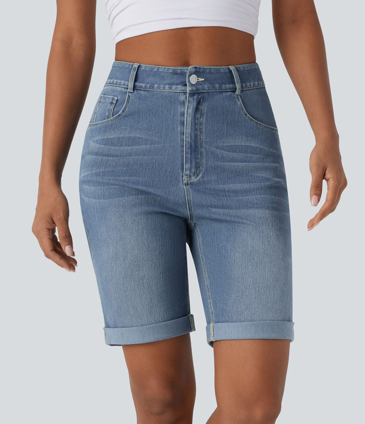 Bermuda décontracté en jean extensible délavé Halara Flex™ taille haute avec revers et multiples poches