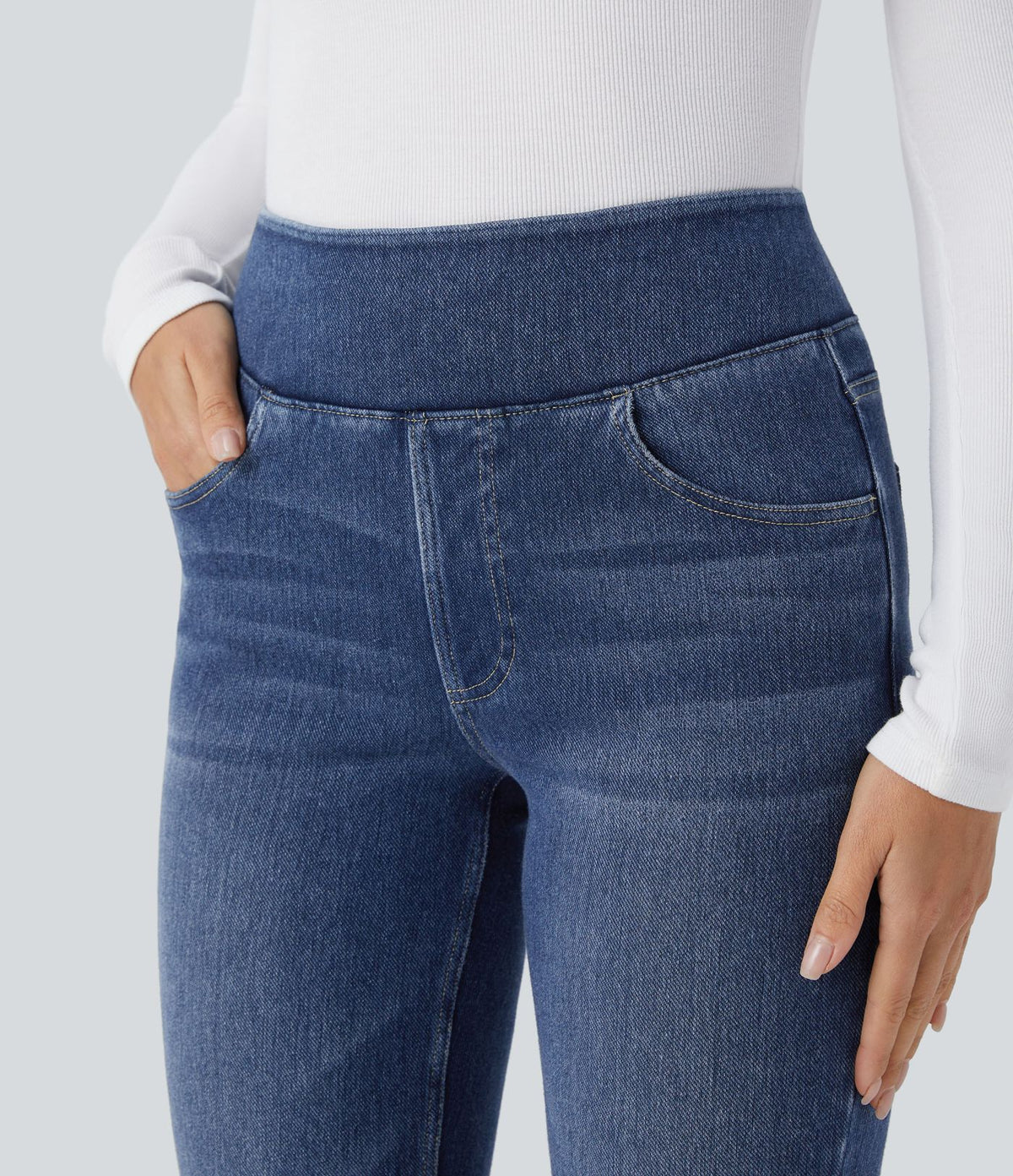 Halara Flex™ Jean évasé casual délavé en molleton taille haute avec poches
