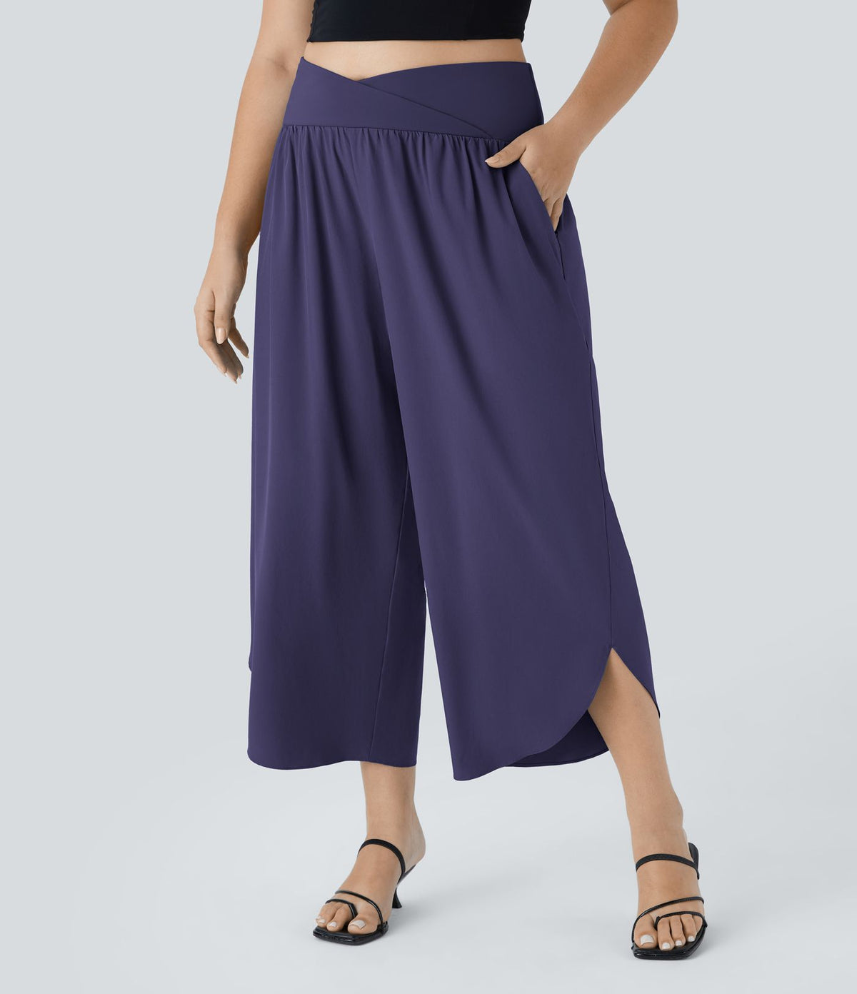 Breezeful™ Pantalon de Vacances Grande Taille Taille Haute avec Découpe Croisée Plissé Poche Latérale Fente et Séchage Rapide