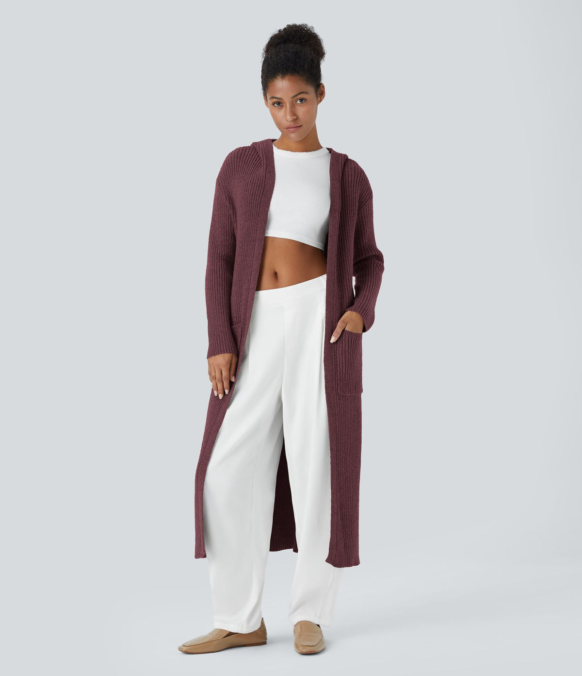 Cardigan long casual à capuche, manches longues et poches