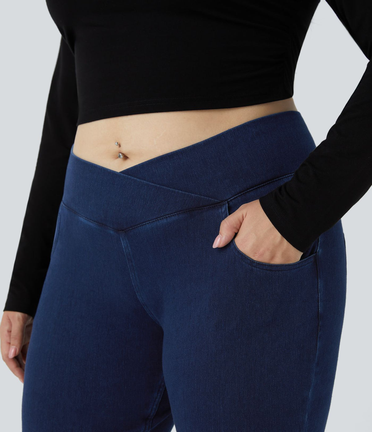 Halara Flex™ Legging Travail  7/8 Taille Croisée en Denim Tricot Extensible Taille Haute Poches Multiples Grande Taille