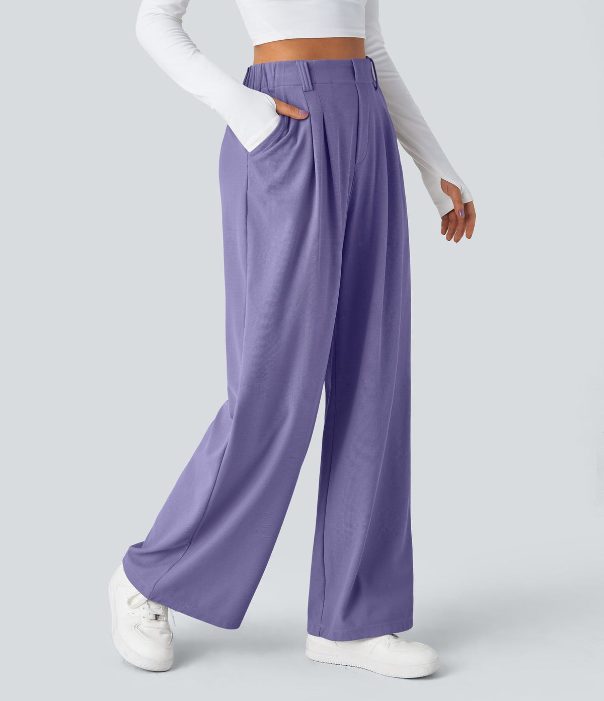 Halara Flex™ Pantalon Tailleur Large Fluide Gaufré Taille Haute Poches Latérales