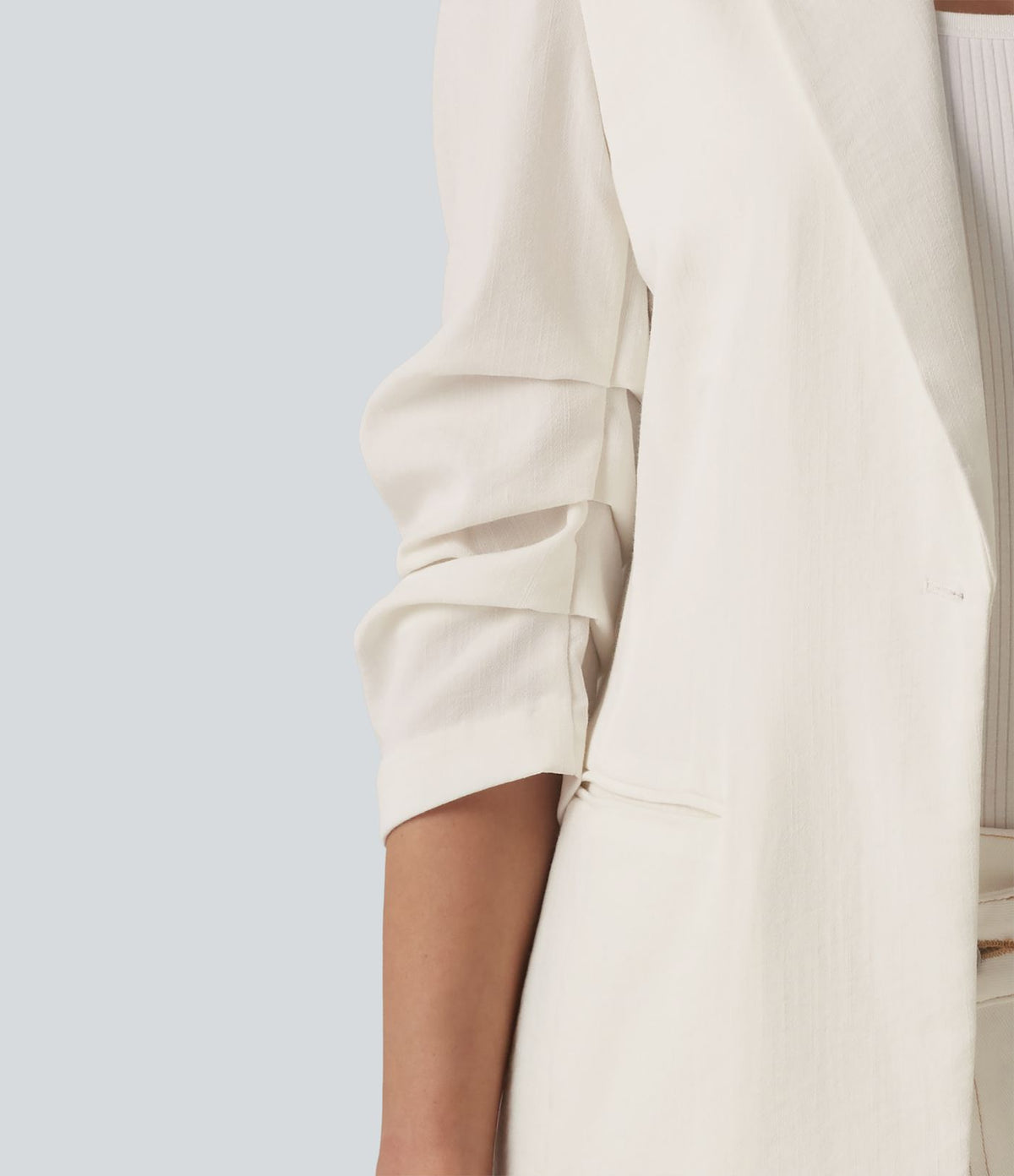 Blazer à manches 3/4 froncées, aspect lin, avec poches, idéal pour le bureau