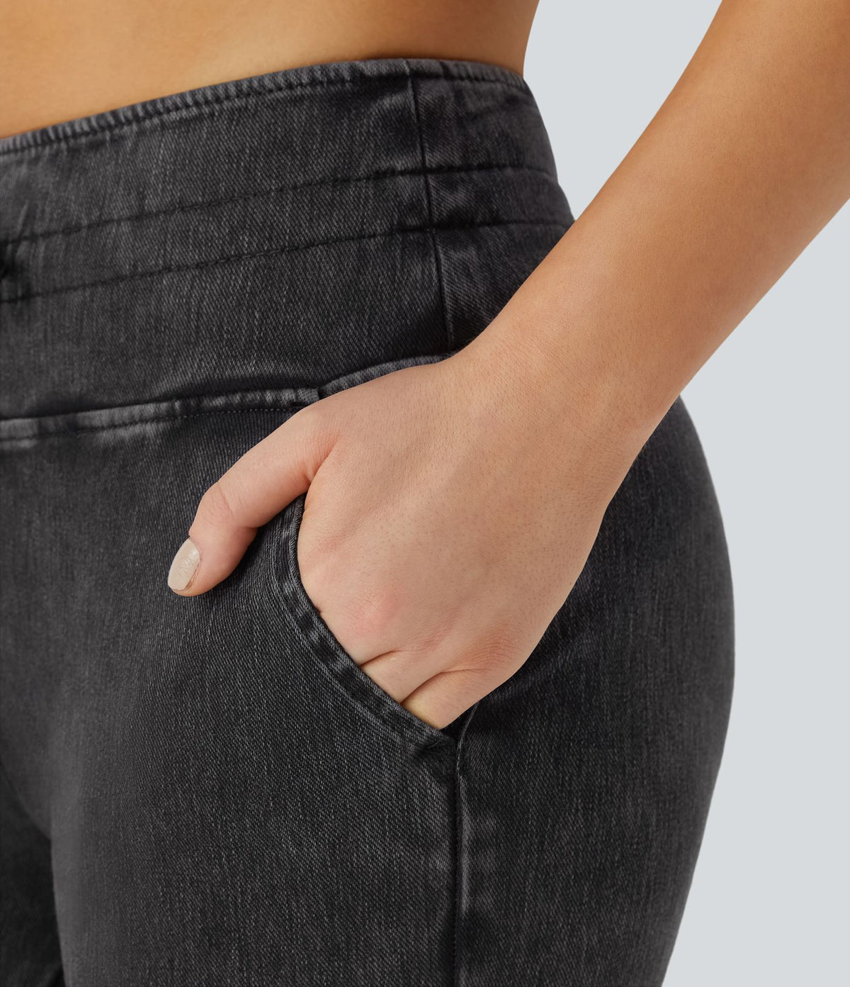 Halara Flex™ Jean Casual Taille Haute avec Cordon de Serrage et Poches Latérales en Tricot Extensible Lavé