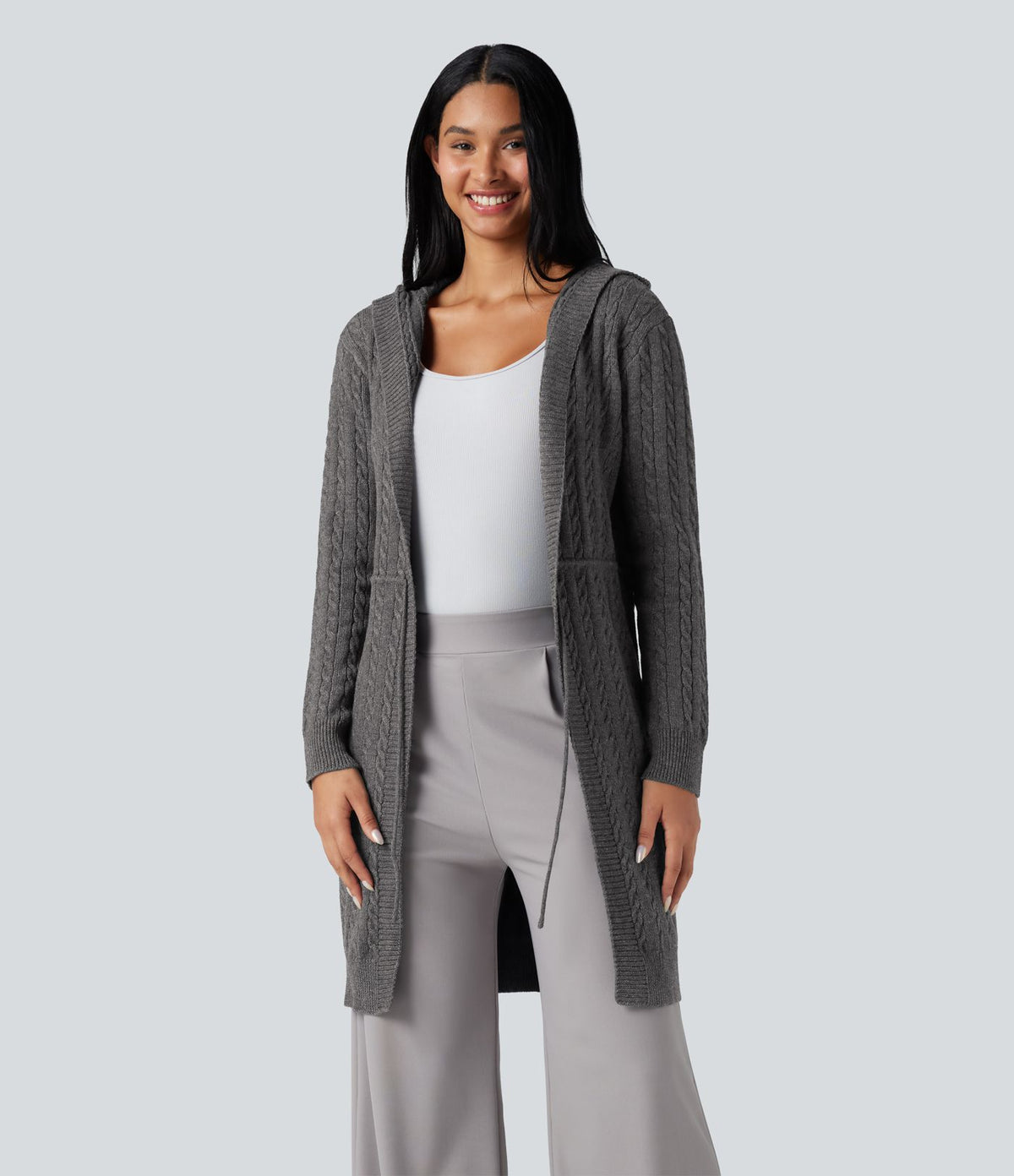 Cardigan long à capuche cordon de serrage manches longues