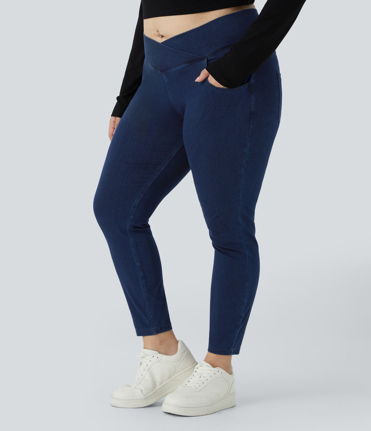 Halara Flex™ Legging Travail  7/8 Taille Croisée en Denim Tricot Extensible Taille Haute Poches Multiples Grande Taille