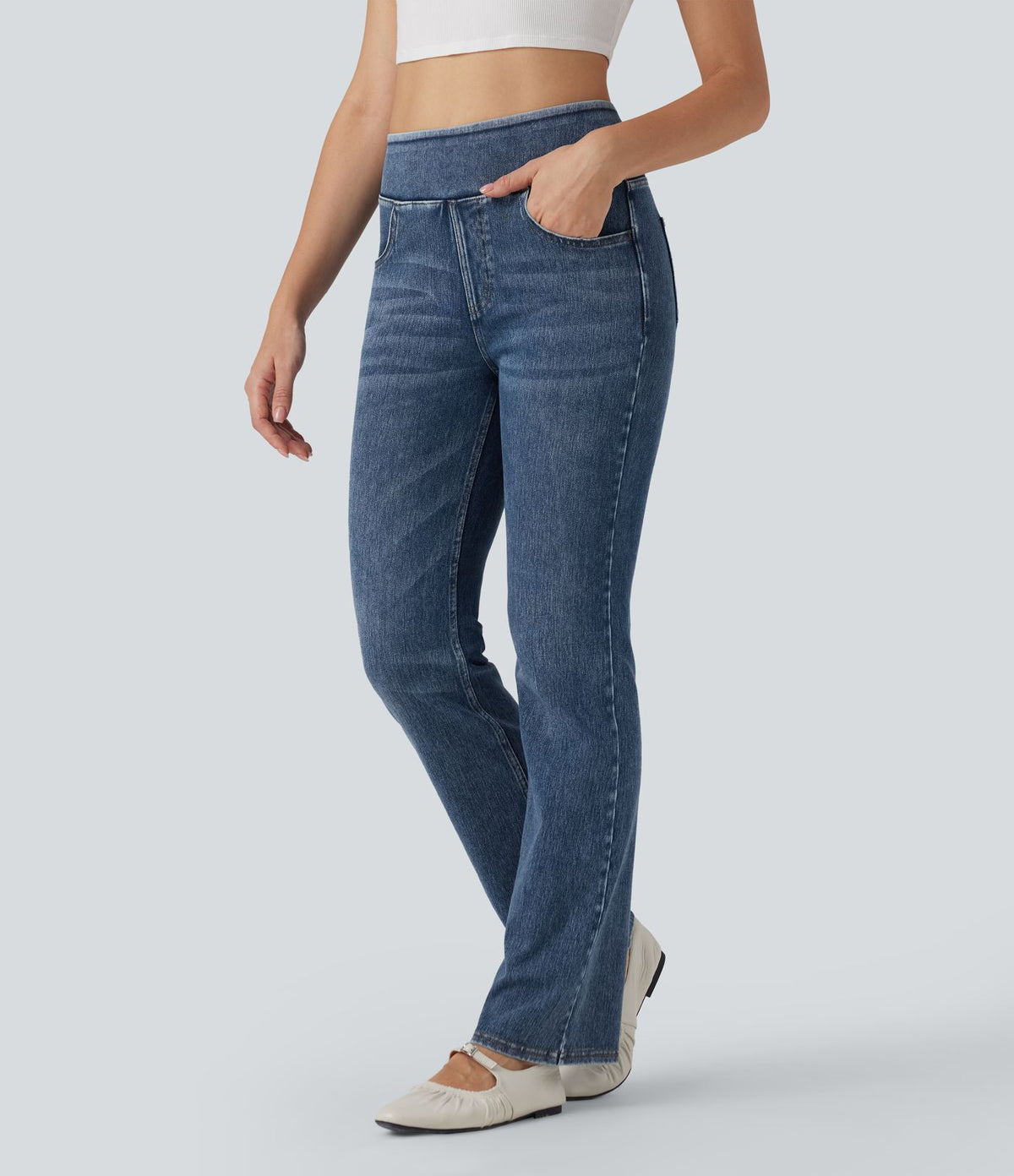 Halara Flex™ Jean évasé casual délavé taille haute gainant avec poches