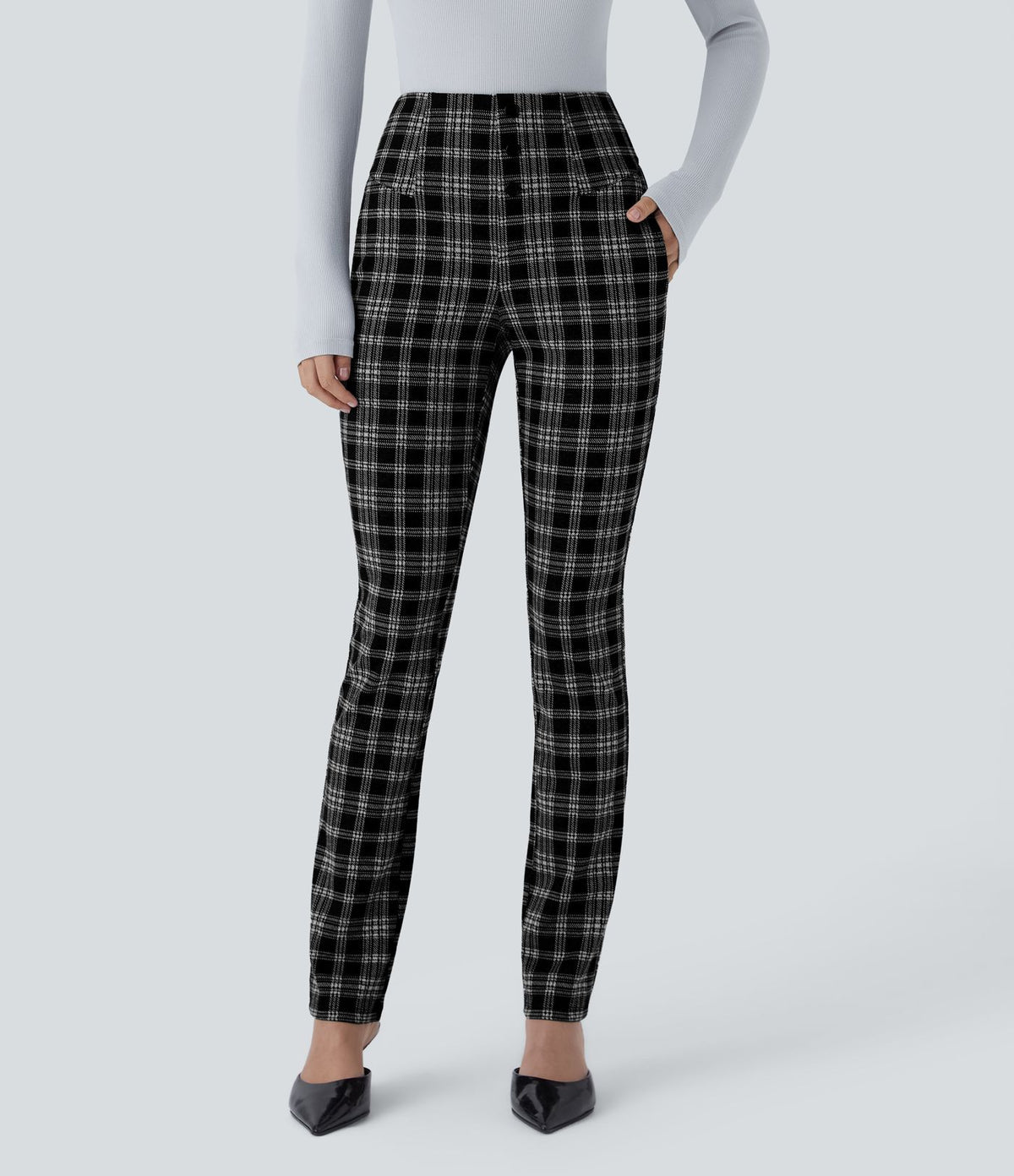 Halara Flex™ Pantalon tailleur Cintrés à Taille Haute avec Boutons Décoratifs Poches Latérales et Imprimé Pied-de-Poule