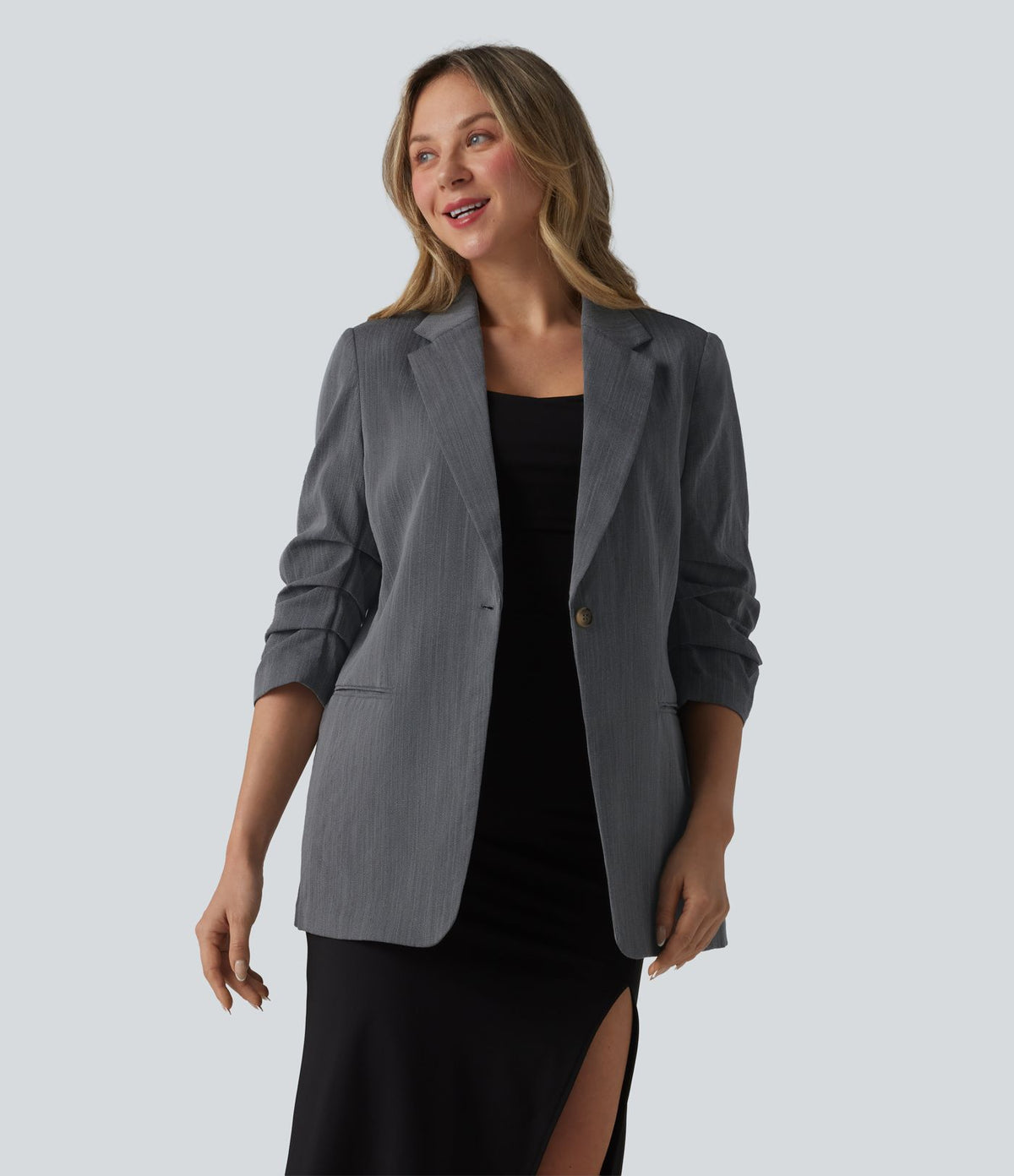 Blazer à manches 3/4 froncées, aspect lin, avec poches, idéal pour le bureau