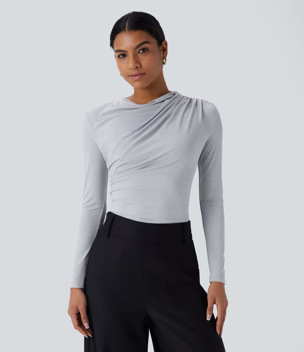 Cowl Neck Ruched Long Sleeve Slim Work Top