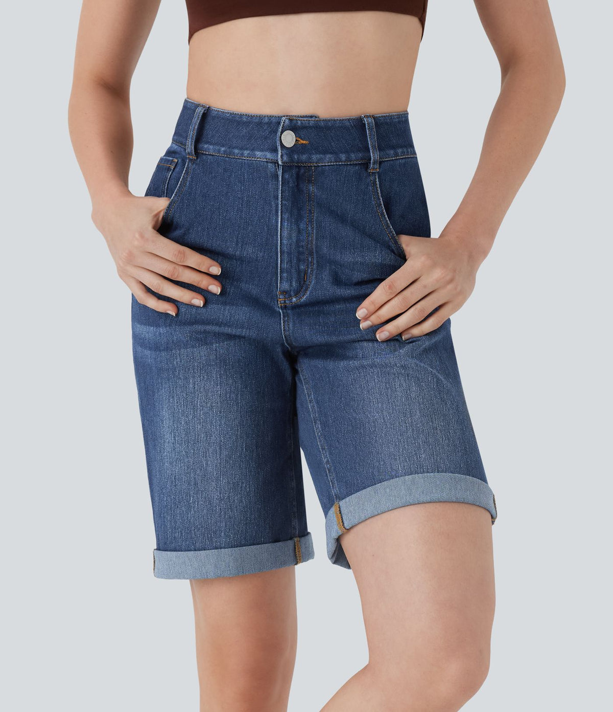 Bermuda décontracté en jean extensible délavé Halara Flex™ taille haute avec revers et multiples poches