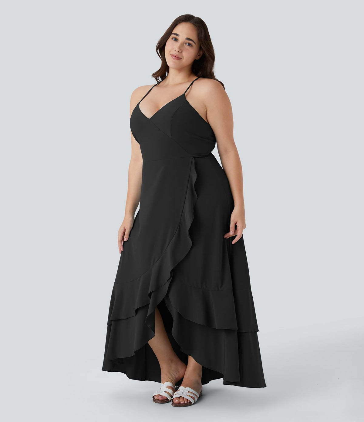 Breezeful ™ Robe Casual Grande Taille Maxi à Dos Nu Croisillons Lacés Fermeture Éclair Latérale Volants et Ourlet Fendu à Séchage Rapide