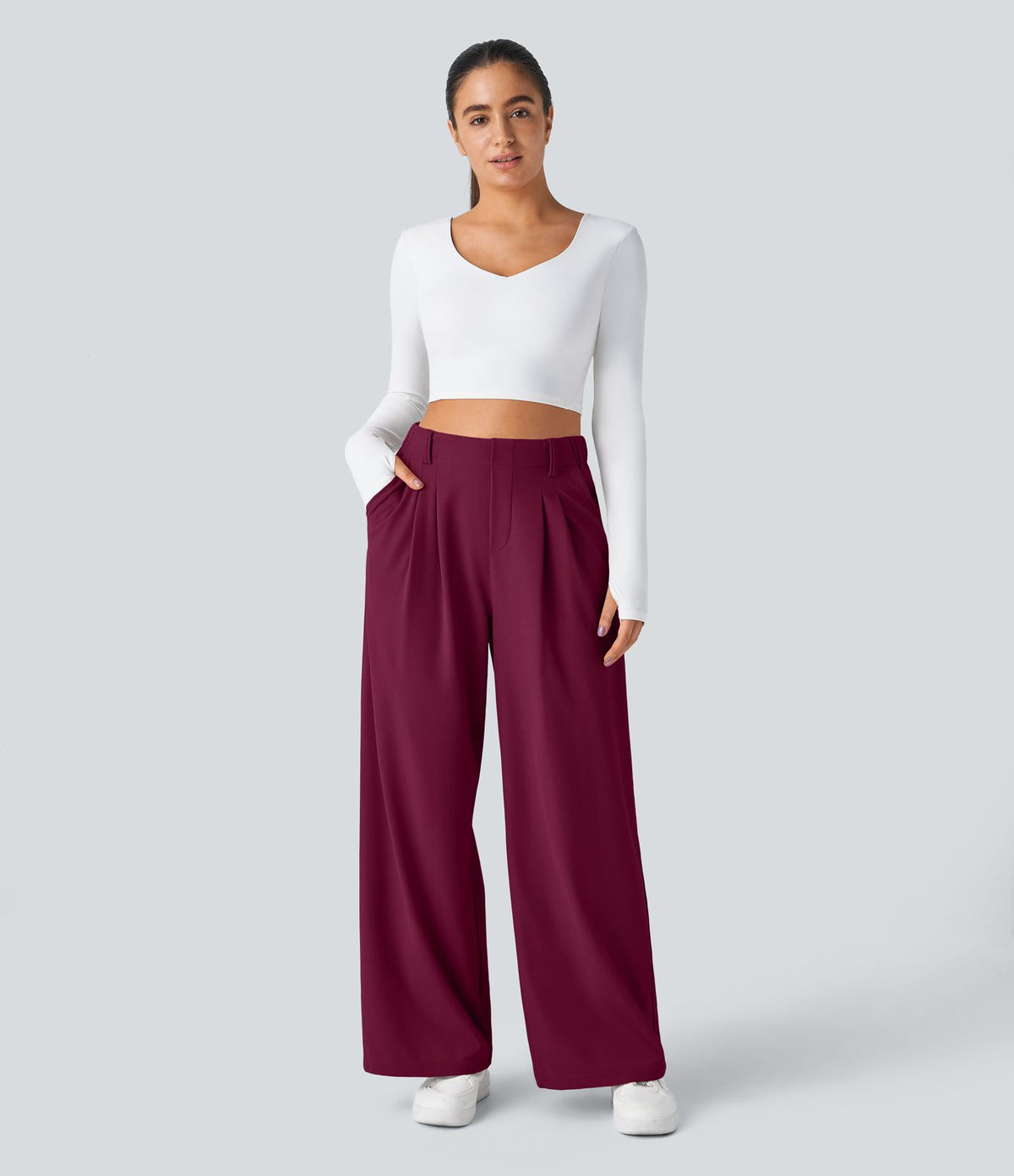 Halara Flex™ Pantalon Tailleur Large Fluide Gaufré Taille Haute Poches Latérales
