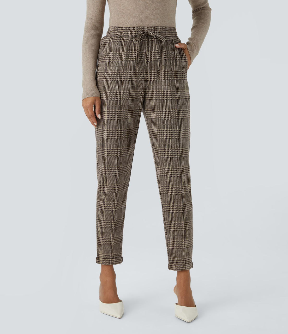 Halara Flex™ Pantalon Tailleur taille mi-haute à motif pied-de-poule avec cordon de serrage et poches latérales