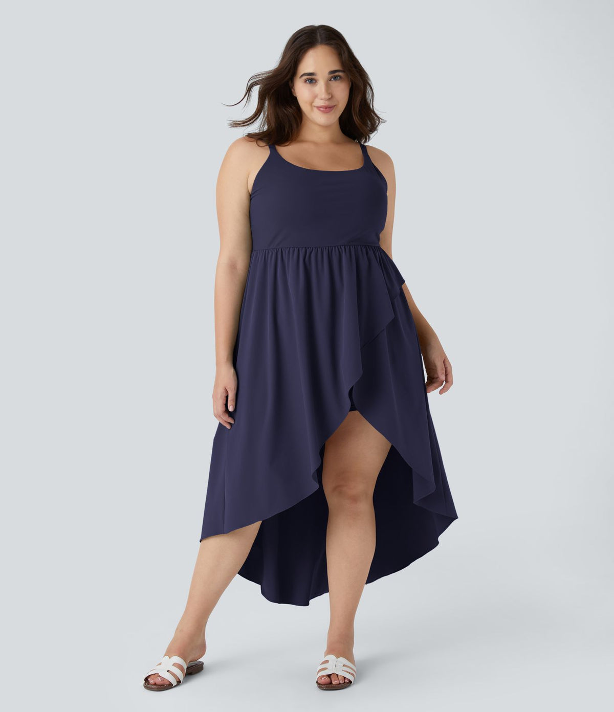 Breezeful ™ Dos Nu Asymétrique Ourlet Croisé 2 Pièces Poche Latérale Fluide Midi Séchage Rapide Casual Robe Grande Taille