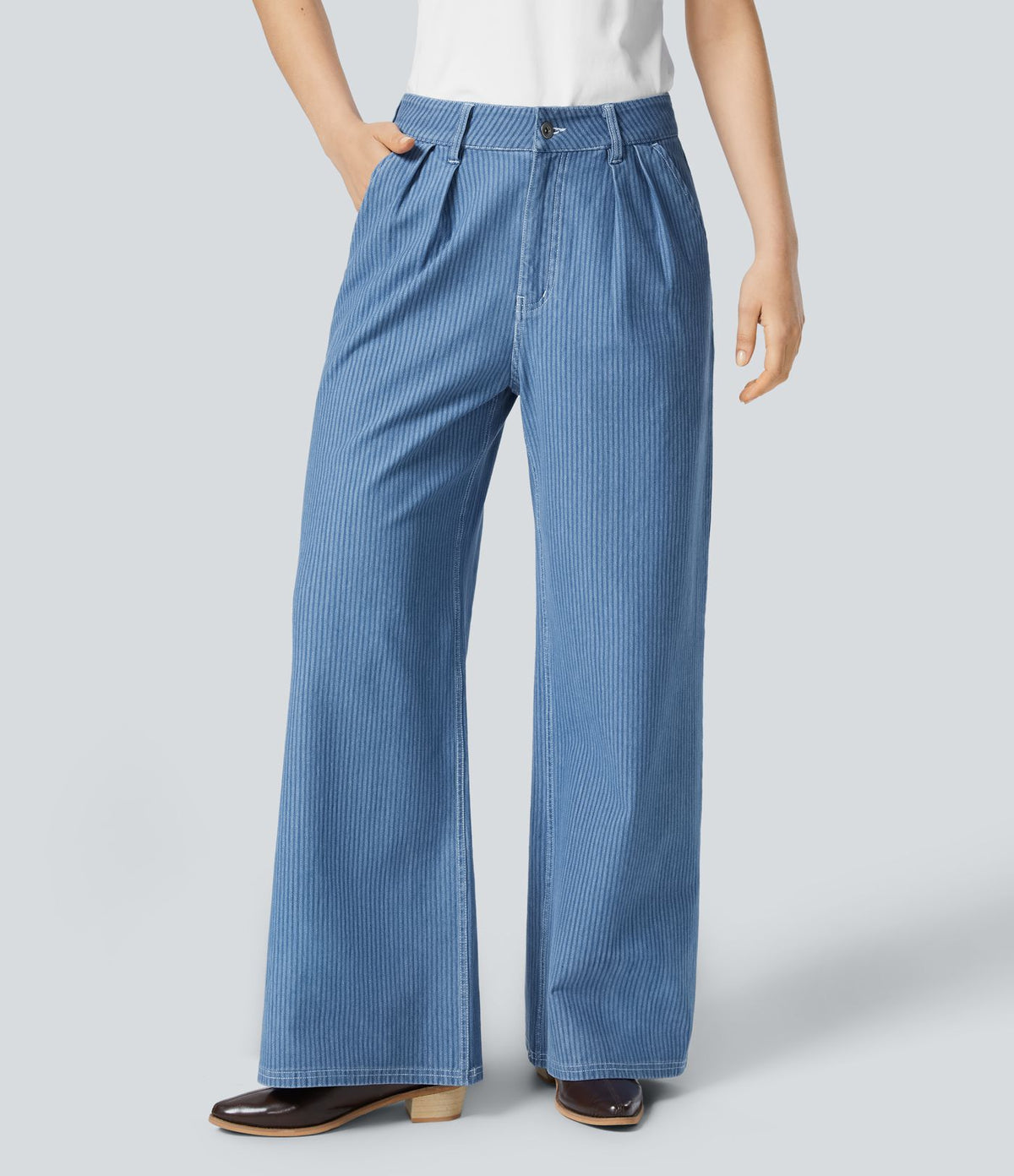 Halara Flex™ Jean Large Décontracté à Rayures Taille Haute avec Multiples Poches et Tissu Extensible Lavé