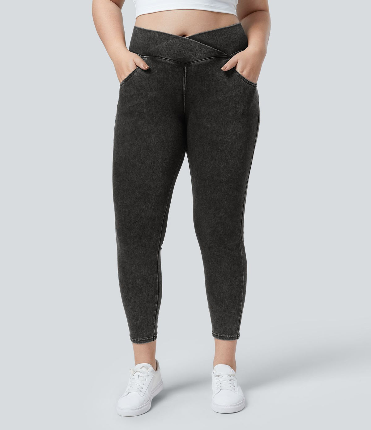 Halara Flex™ Legging Travail  7/8 Taille Croisée en Denim Tricot Extensible Taille Haute Poches Multiples Grande Taille