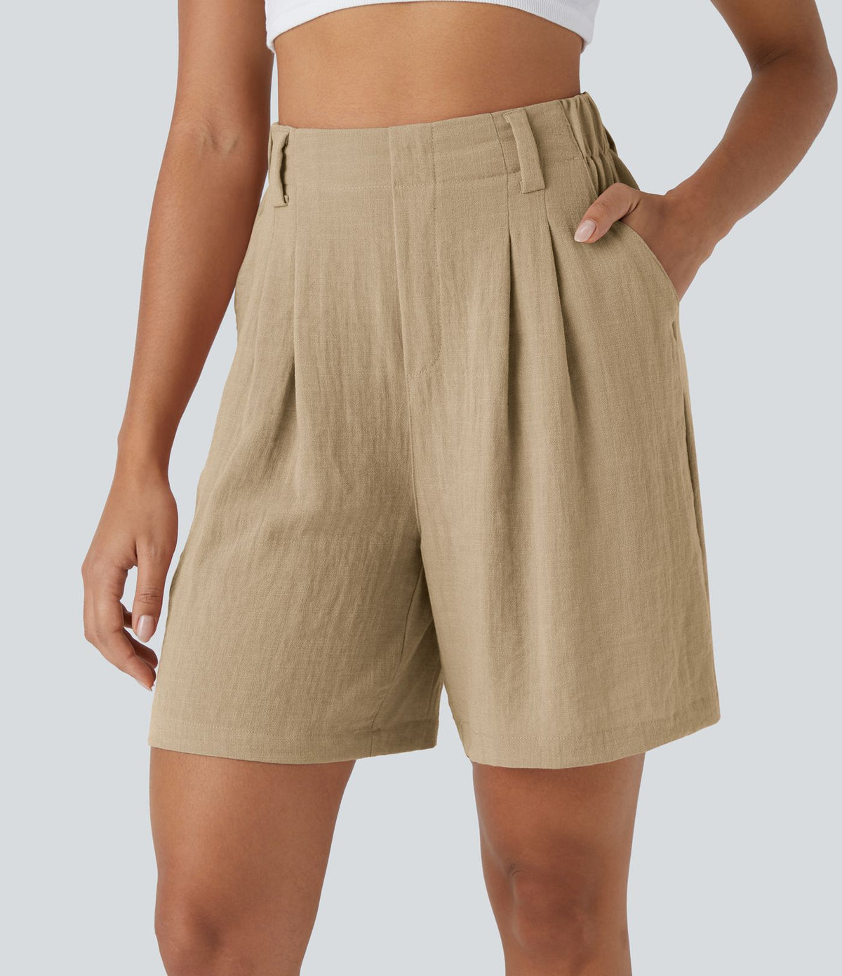 Bermuda Large Fluide Taille Haute avec Plis et Poches Latérales en Lin Synthétique
