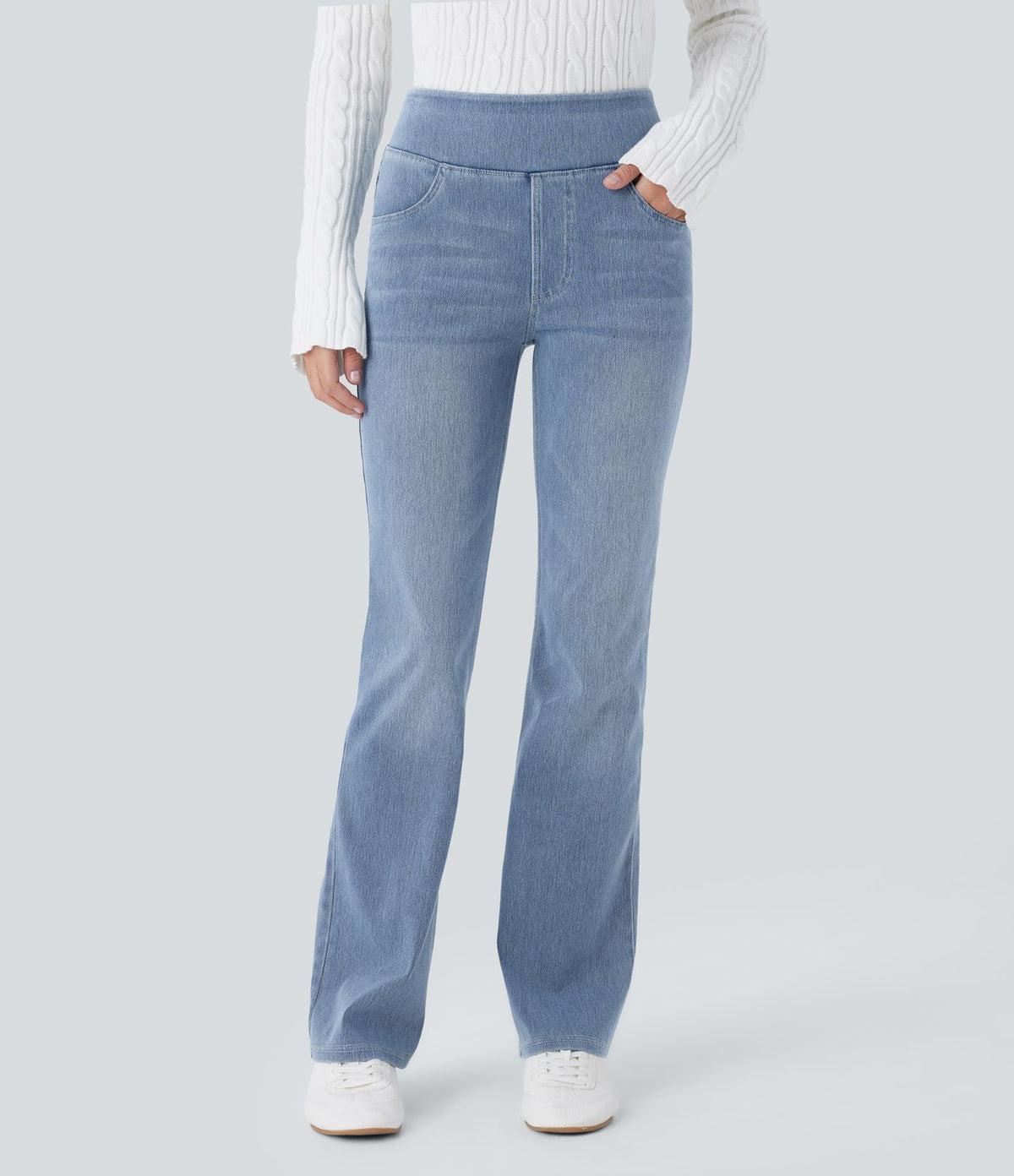 Halara Flex™ Jean bootcut décontracté extensible délavé taille haute à poches multiples