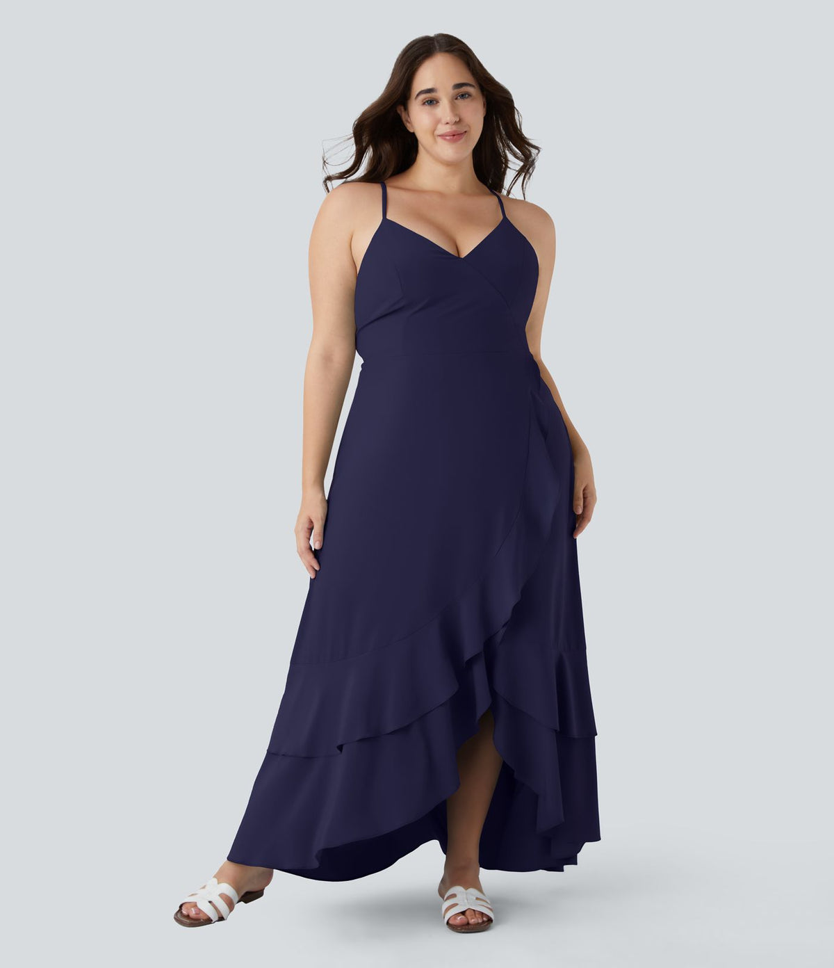 Breezeful ™ Robe Casual Grande Taille Maxi à Dos Nu Croisillons Lacés Fermeture Éclair Latérale Volants et Ourlet Fendu à Séchage Rapide