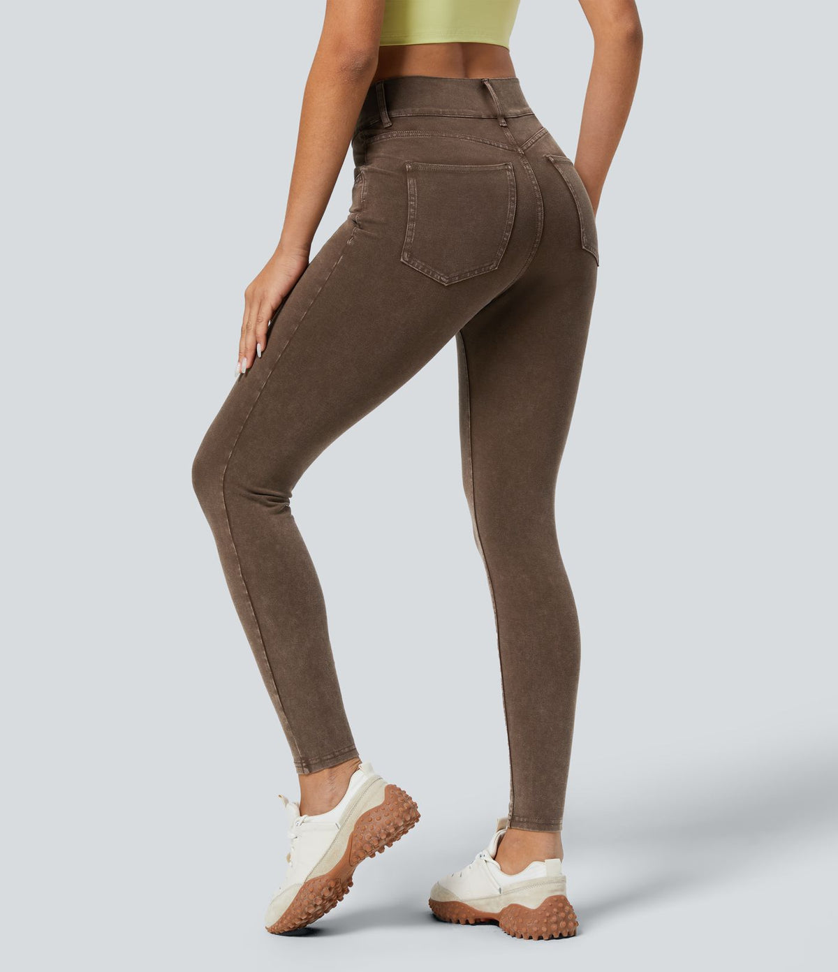 Halara Flex™ Jean Casual Skinny en Tricot Extensible Coloré Lavé à Taille Haute avec Plusieurs Poches