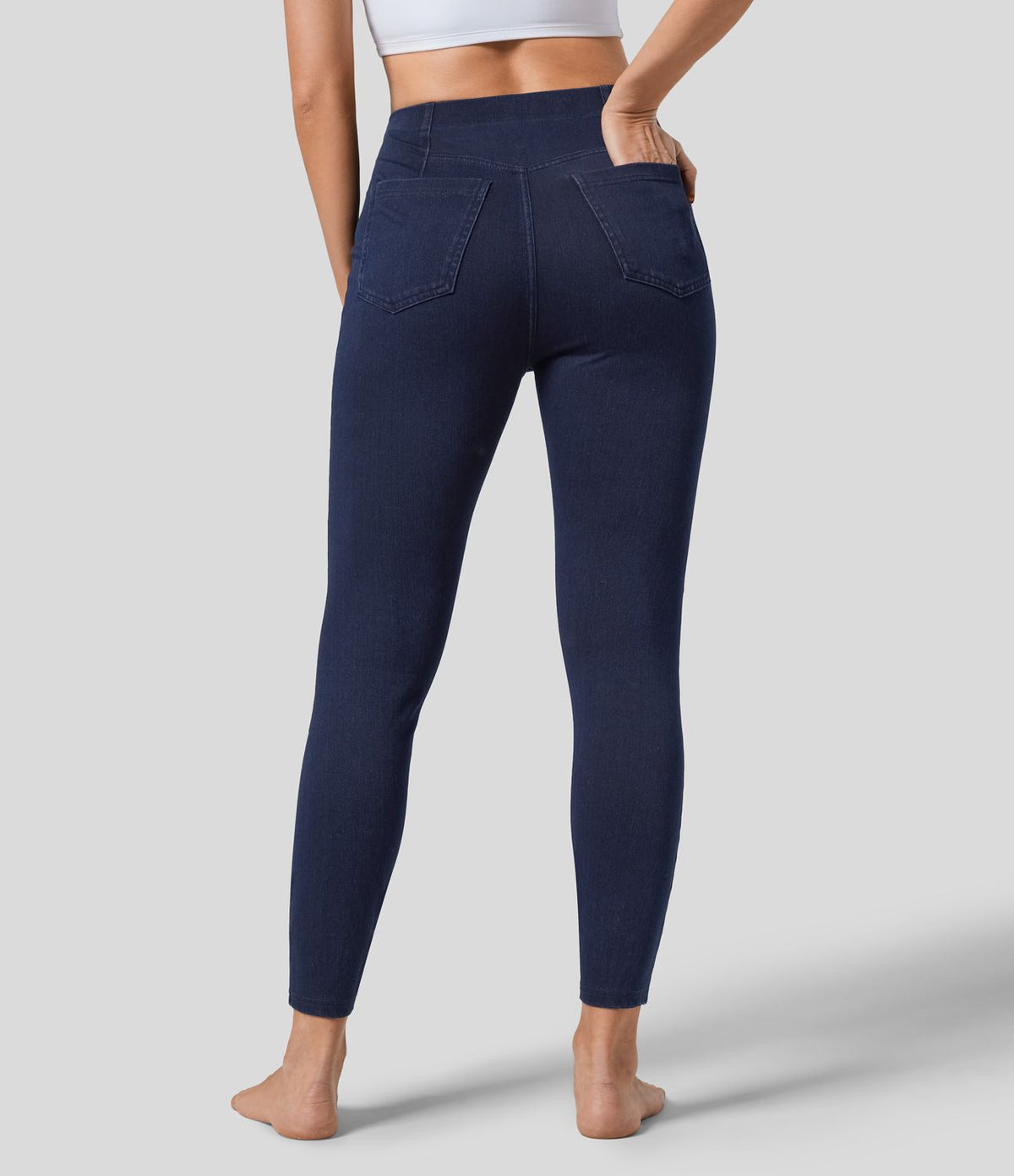 Halara Flex™ Leggings 7/8 Casual en Denim Tricot Extensible Taille Haute avec Dos en Forme de V et Poches Latérales
