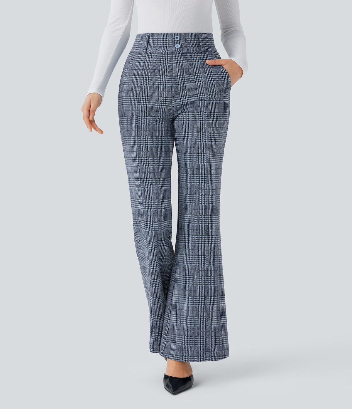 Halara Flex™ Pantalon tailleur évasé à carreaux pied-de-poule, taille haute avec boutons décoratifs et poches latérales