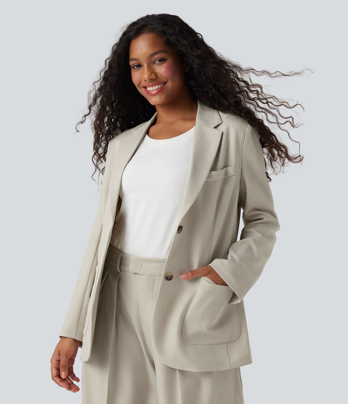 Blazer de travail anti-froissement aspect lin col cranté manches longues avec poches