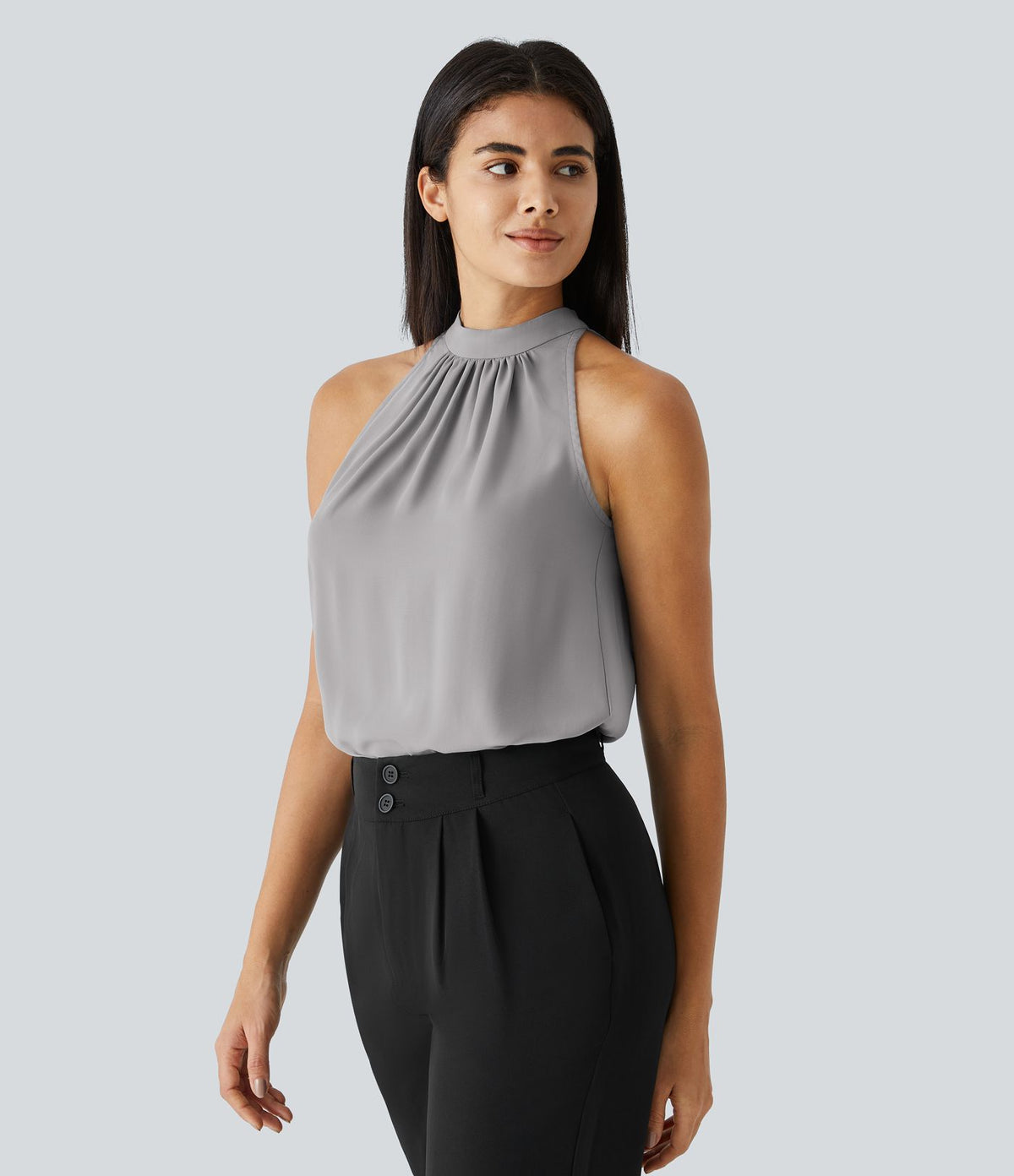 Blouse Travail Sans Manches Ourlet Courbé Col Haut Découpe au Dos Plis