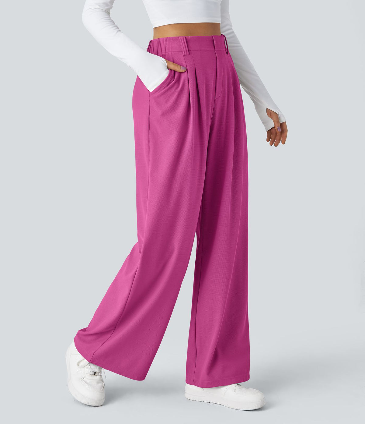 Halara Flex™ Pantalon Tailleur Large Fluide Gaufré Taille Haute Poches Latérales