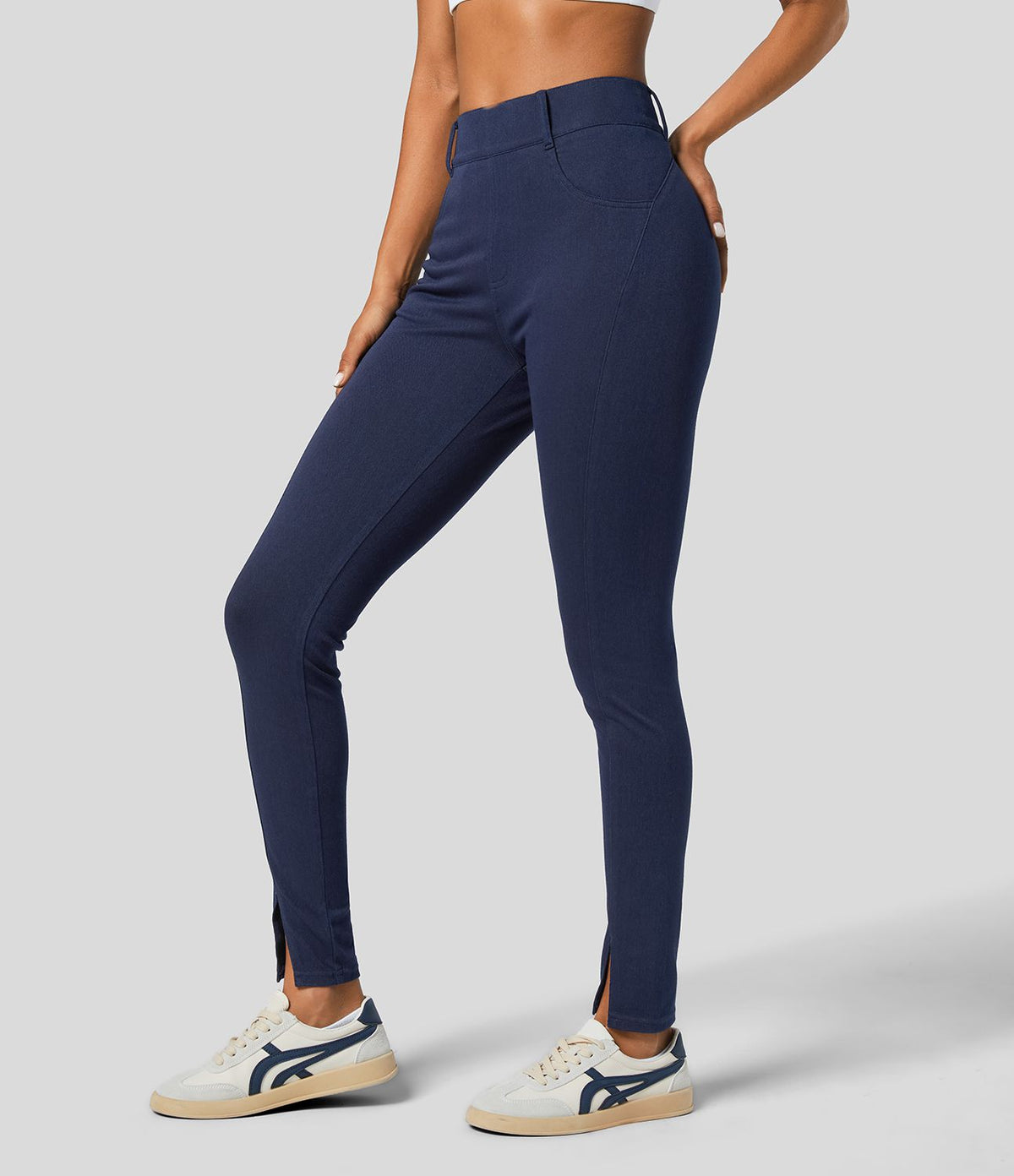 Halara Flex™ Legging Casual en Denim Extensible à Taille Haute avec Poches Latérales et Fentes